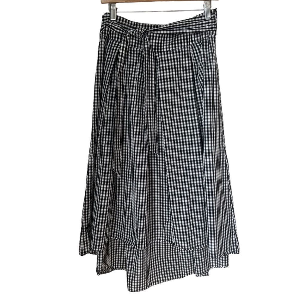 Max Studio Black White Gingham Full A Line 100% Cotton Midi High Low Skirt Sz 4